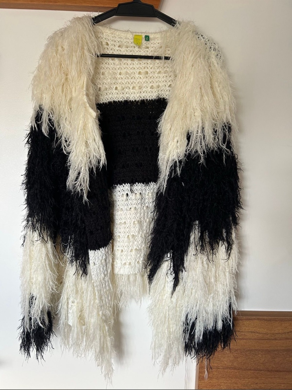 FARM Rio Black & White Fringe Open Knit Cardigan